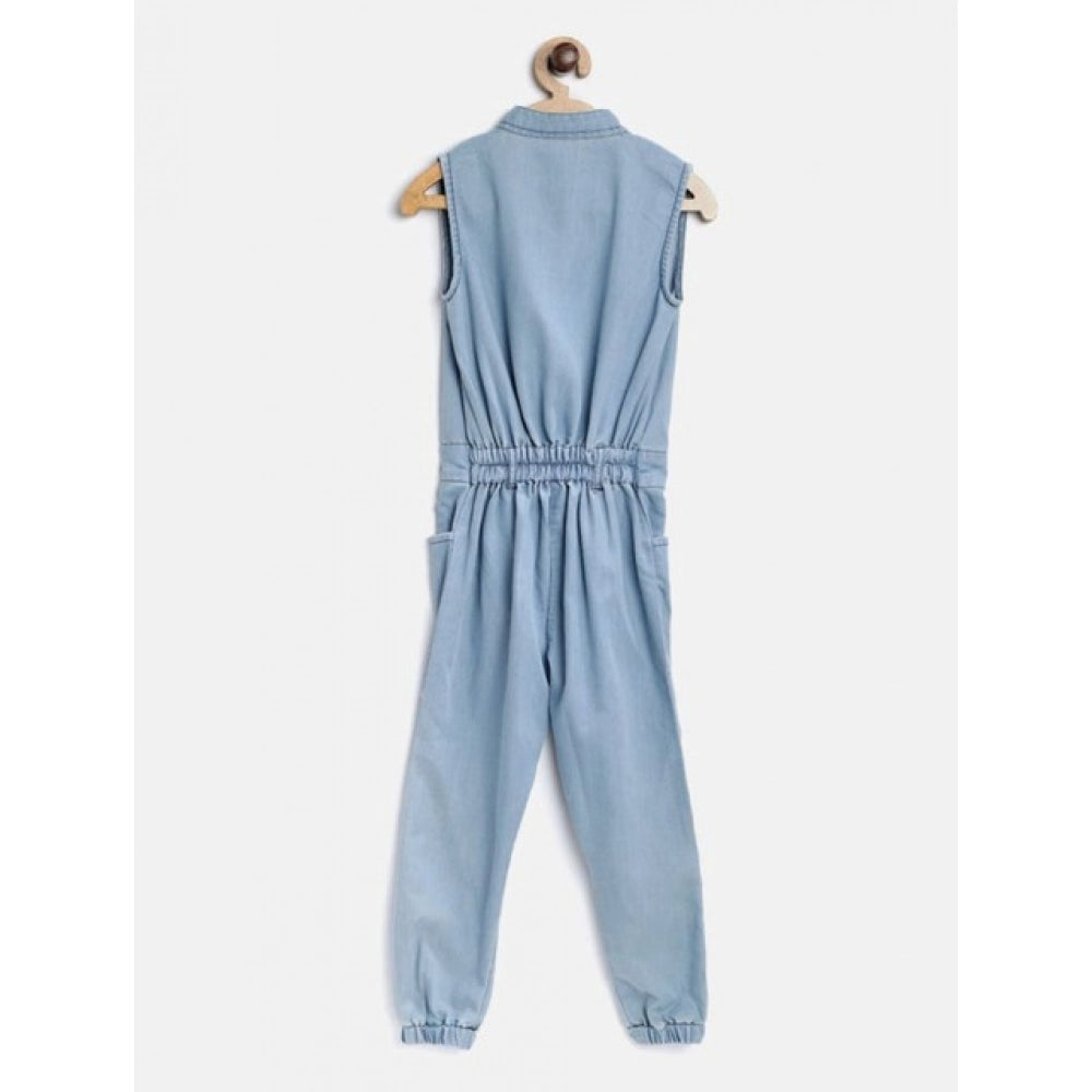 Blue denim embellished sleeveless jumpsuit for girls - detailed embellishments on a classic denim look