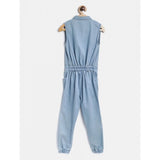 Blue denim embellished sleeveless jumpsuit for girls - detailed embellishments on a classic denim look