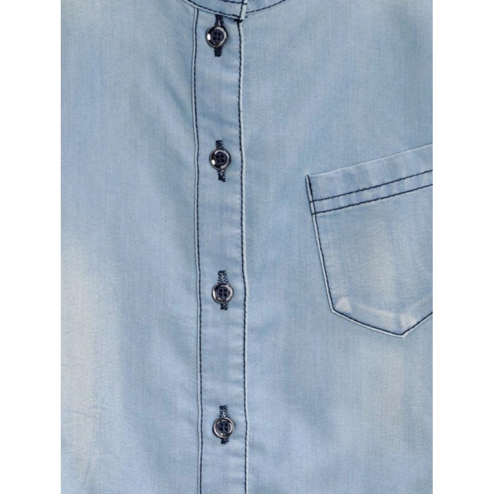 Blue denim embellished sleeveless jumpsuit for girls - embellished denim fashion piece with shirt collar, no sleeves
