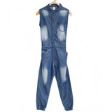 Blue denim embellished sleeveless jumpsuit for girls, detailed pattern on shirt collar