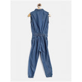 Blue denim embellished sleeveless jumpsuit for girls, shirt collar style, detailed design