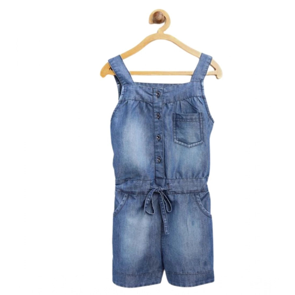 Blue denim embroidered sleeveless jumpsuit for girls, square neck with button closure, intricate floral patterns on fabric