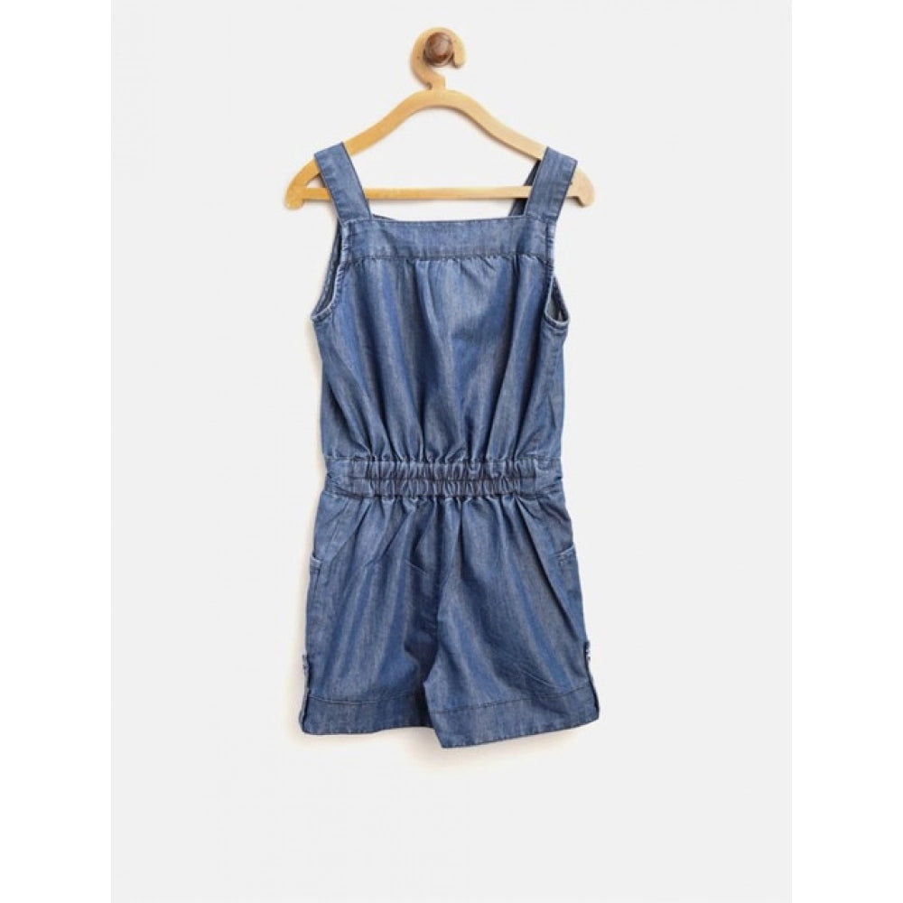 Blue denim embroidered sleeveless jumpsuit for girls with square neck and button closure