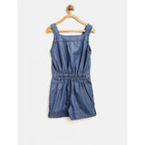 Blue denim embroidered sleeveless jumpsuit for girls with square neck and button closure