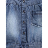 Blue denim embroidered sleeveless jumpsuit for girls, square neck with button closure, intricate floral detailing on front