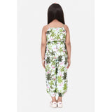 White-green embroidered denim sleeveless jumpsuit for girls, featuring round neck and vibrant patterns