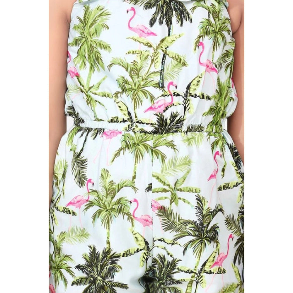 White-green denim embroidered sleeveless jumpsuit for girls, round neck, detailed embroidery on denim fabric