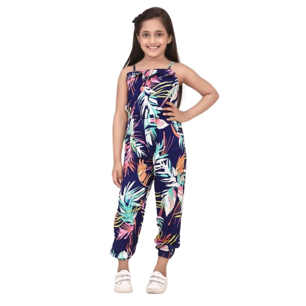 Blue-multicolor rayon printed sleeveless jumpsuit for girls, vibrant pattern on display