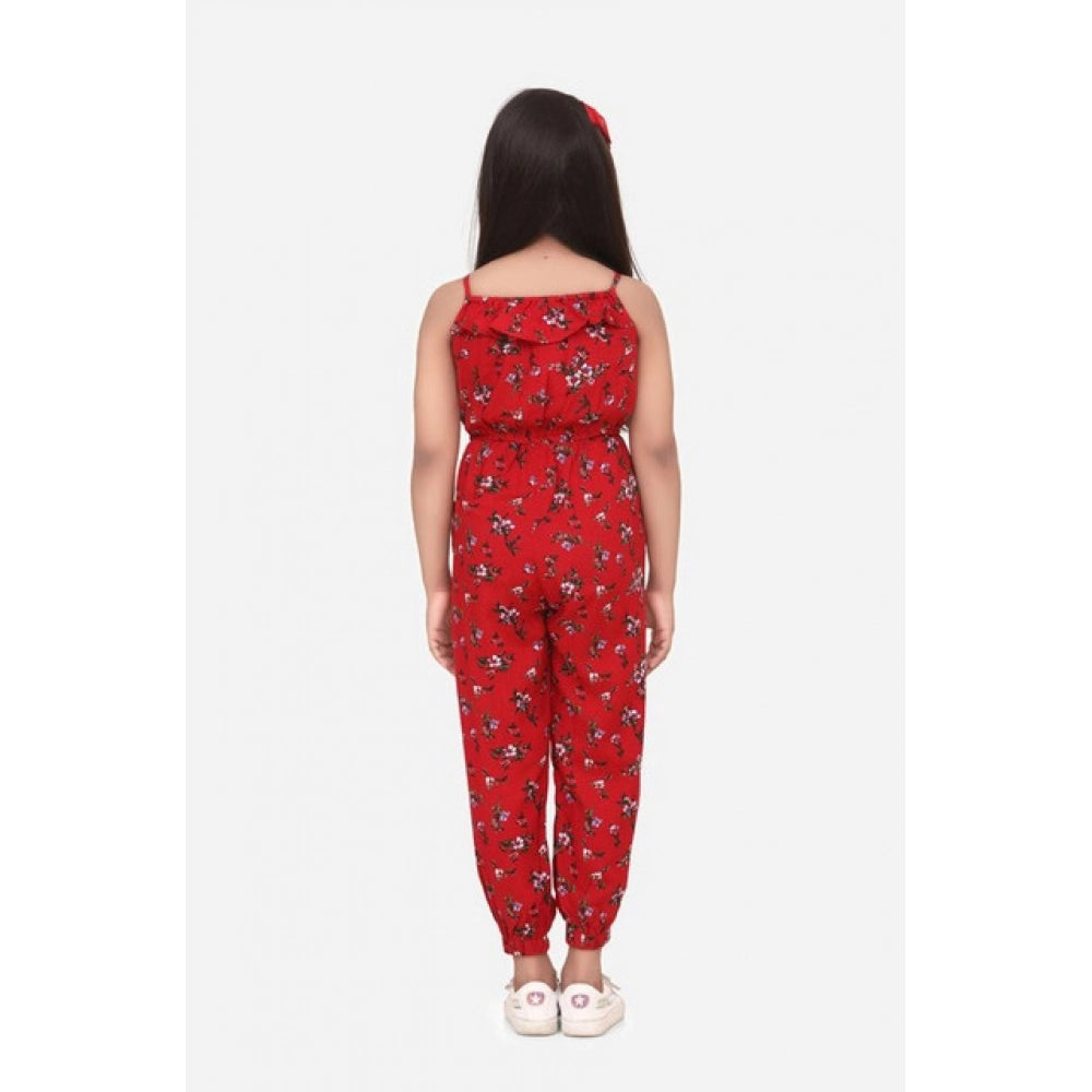 Red rayon floral sleeveless jumpsuit for girls, vibrant floral pattern on soft rayon fabric
