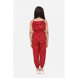 Red rayon floral sleeveless jumpsuit for girls, vibrant floral pattern on soft rayon fabric