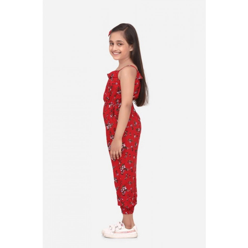 Red rayon floral sleeveless jumpsuit for girls, vibrant floral pattern on display