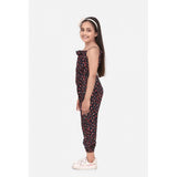 Black and red rayon floral sleeveless jumpsuit for girls, vibrant floral pattern