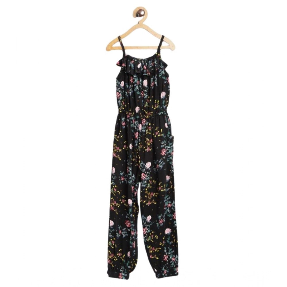 Black-pink rayon floral sleeveless jumpsuit for girls, square neck design on model