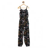 Black-pink rayon floral sleeveless jumpsuit for girls, square neck design on model