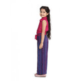 Color block rayon jumpsuit for girls, pink-blue style with shirt collar and sleeveless design