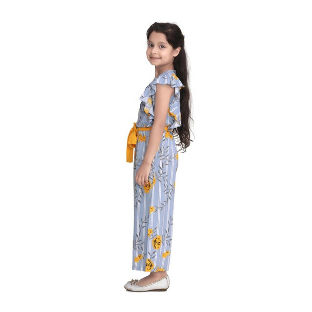 Blue-Yellow rayon floral flutter jumpsuit for girls, vibrant pattern with v-neck and flutter sleeves