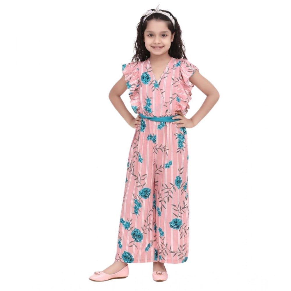 Pink-Blue rayon floral flutter jumpsuit for girls, featuring v-neck and flutter sleeves