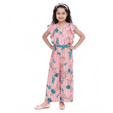 Pink-Blue rayon floral flutter jumpsuit for girls, featuring v-neck and flutter sleeves