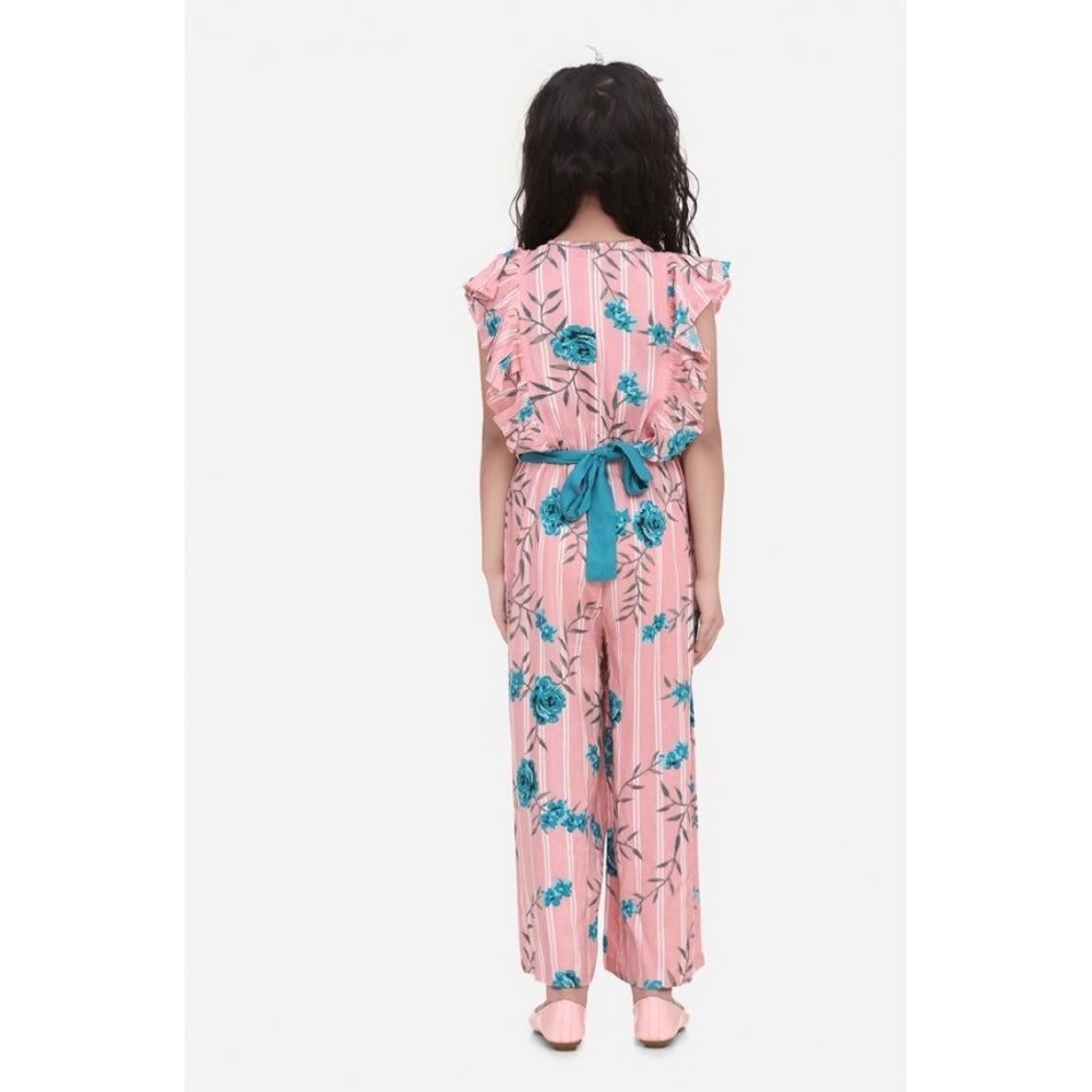 Pink-Blue rayon floral flutter jumpsuit for girls, vibrant floral pattern on casual play wear