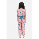 Pink-Blue rayon floral flutter jumpsuit for girls, vibrant floral pattern on casual play wear