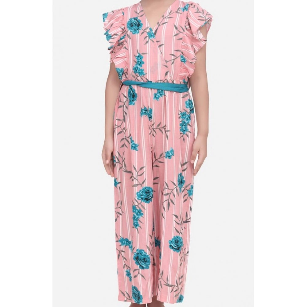 Pink-Blue rayon floral flutter jumpsuit for girls, vibrant floral pattern with V-neck and flutter sleeves