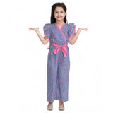 Blue-Pink striped cotton flutter jumpsuit for girls, vibrant V-neck design with flutter sleeves