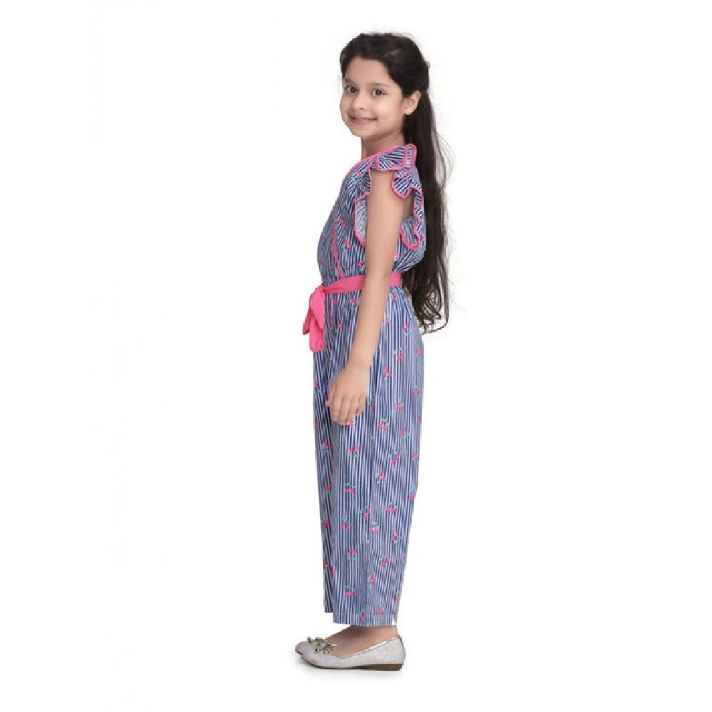 Blue-Pink striped cotton flutter jumpsuit for girls, featuring a V-neck and flutter sleeves