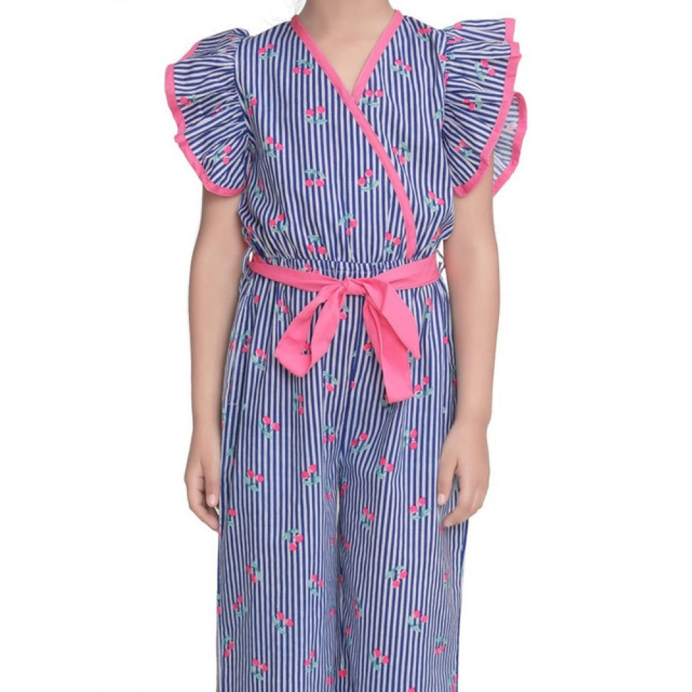 Blue-Pink striped cotton flutter jumpsuit for girls, V-neck style on a clothing hanger