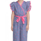 Blue-Pink striped cotton flutter jumpsuit for girls, V-neck style on a clothing hanger