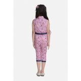 Pink cotton printed sleeveless jumpsuit for girls, shirt collar style, vibrant design