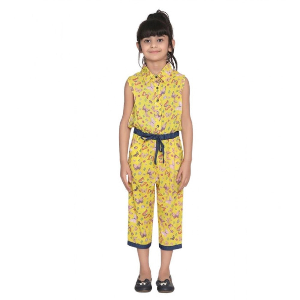 Yellow cotton printed sleeveless jumpsuit for girls, vibrant design suitable for casual wear