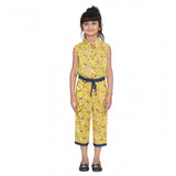 Yellow cotton printed sleeveless jumpsuit for girls, vibrant design suitable for casual wear