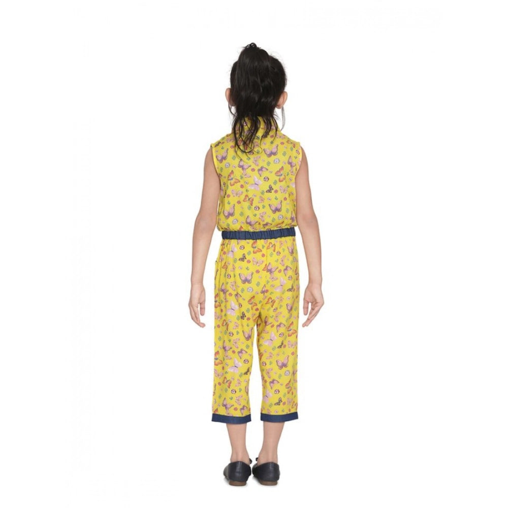 Yellow cotton printed sleeveless jumpsuit for girls, shirt collar neckline