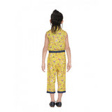 Yellow cotton printed sleeveless jumpsuit for girls, shirt collar neckline