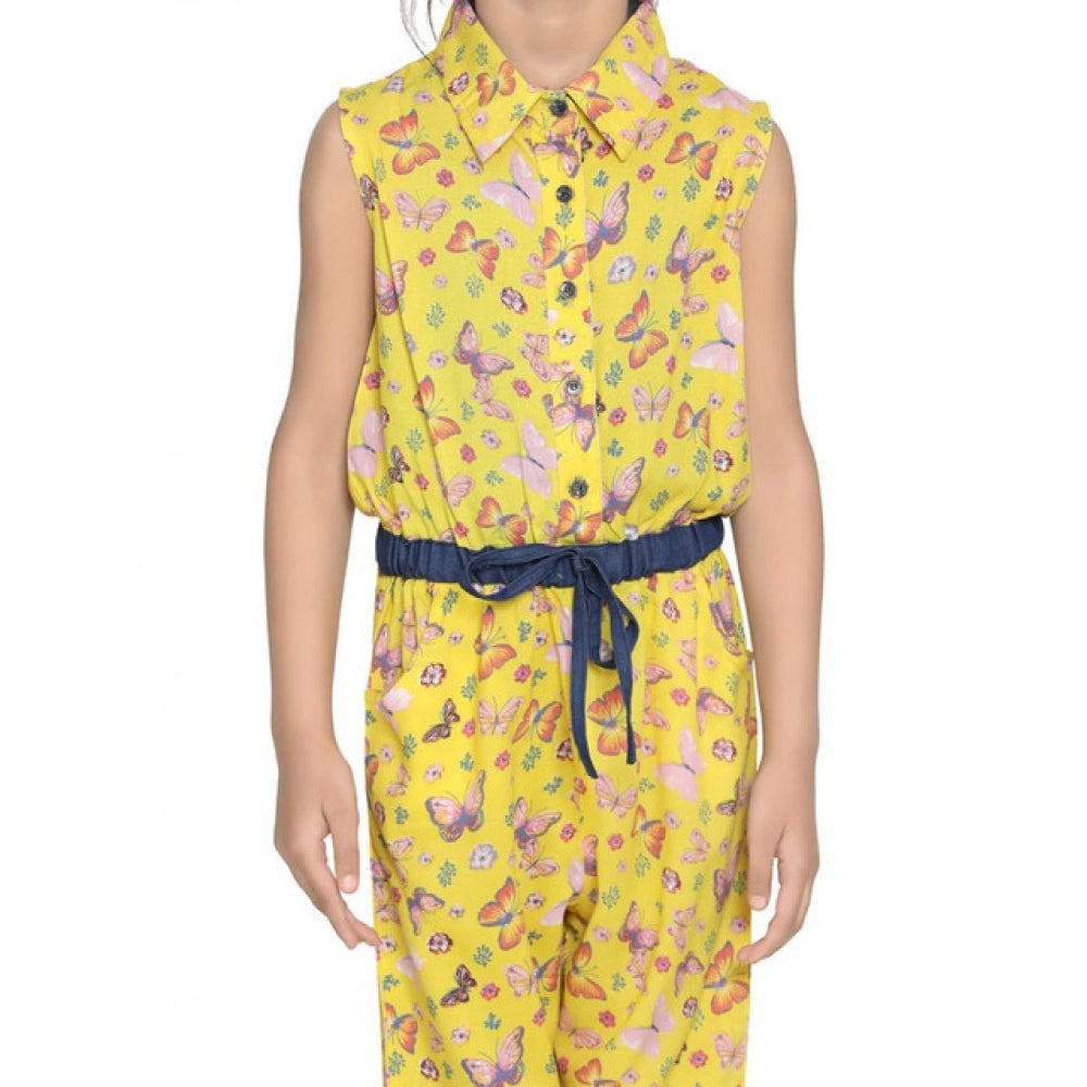Yellow cotton printed sleeveless jumpsuit for girls, casual summer outfit with shirt collar