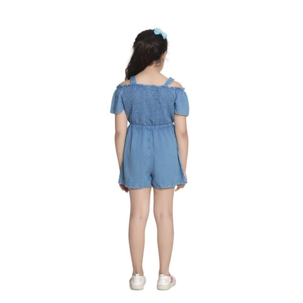 Blue rayon girl's sleeveless jumpsuit with shoulder straps