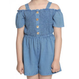 Blue rayon girl's sleeveless jumpsuit with shoulder straps, solid pattern for playtime