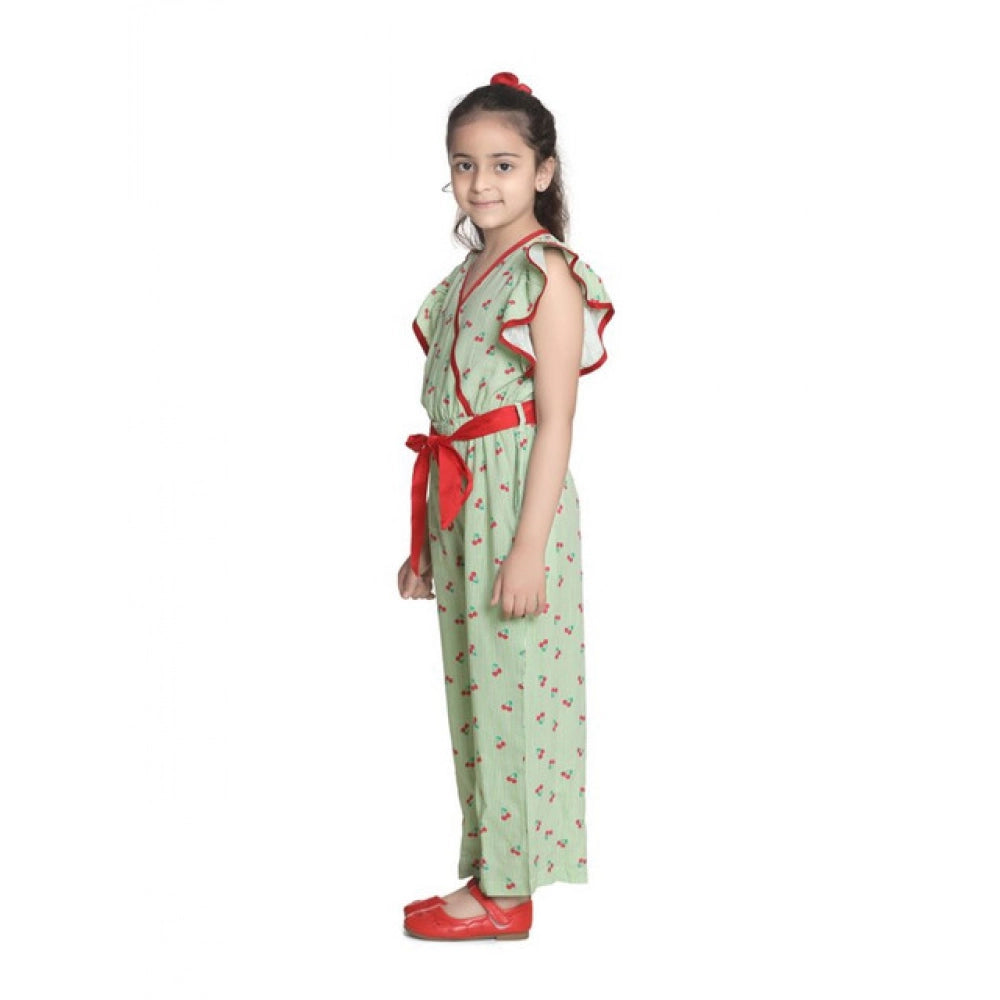 Green rayon printed flutter jumpsuit for girls, vibrant pattern on playful design