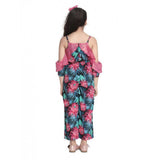 Pink polyester floral cold shoulder jumpsuit for girls with square neck, ideal for summer fashion