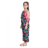 Pink polyester floral cold shoulder jumpsuit for girls, perfect for summer parties