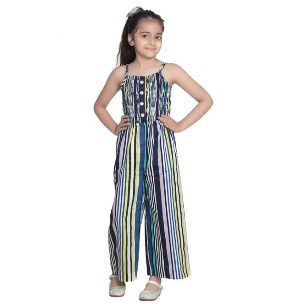 Blue rayon striped sleeveless jumpsuit for girls, casual summer outfit on model