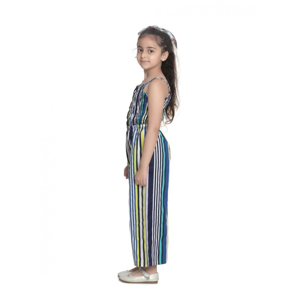 Blue rayon striped sleeveless jumpsuit for girls, square neckline on display
