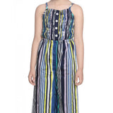 Blue striped rayon girl's sleeveless jumpsuit with square neckline, suitable for casual wear