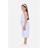 Light blue striped poly-cotton blend girl's sleeveless jumpsuit with square neck
