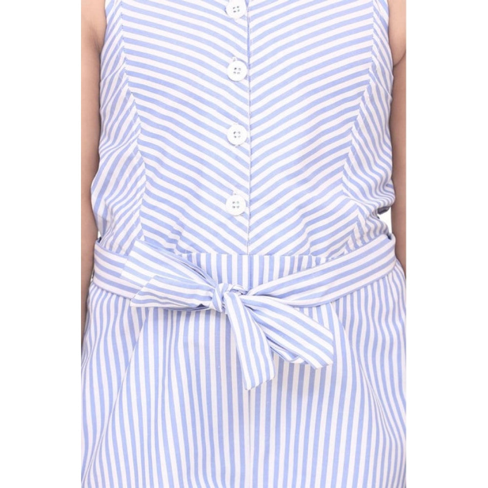 Light Blue striped polyester-cotton blend sleeveless jumpsuit for girls, square neckline