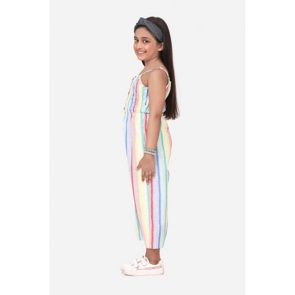 Multicolor striped polyester cotton blend girl's sleeveless jumpsuit, square neckline on clothing rack
