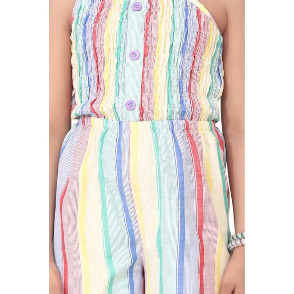 Multicolor striped sleeveless jumpsuit for girls, polyester-cotton blend fabric patterned with vertical stripes