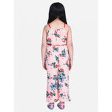 Peach-red girls' polyester crepe floral shoulder straps jumpsuit, vibrant floral pattern on display