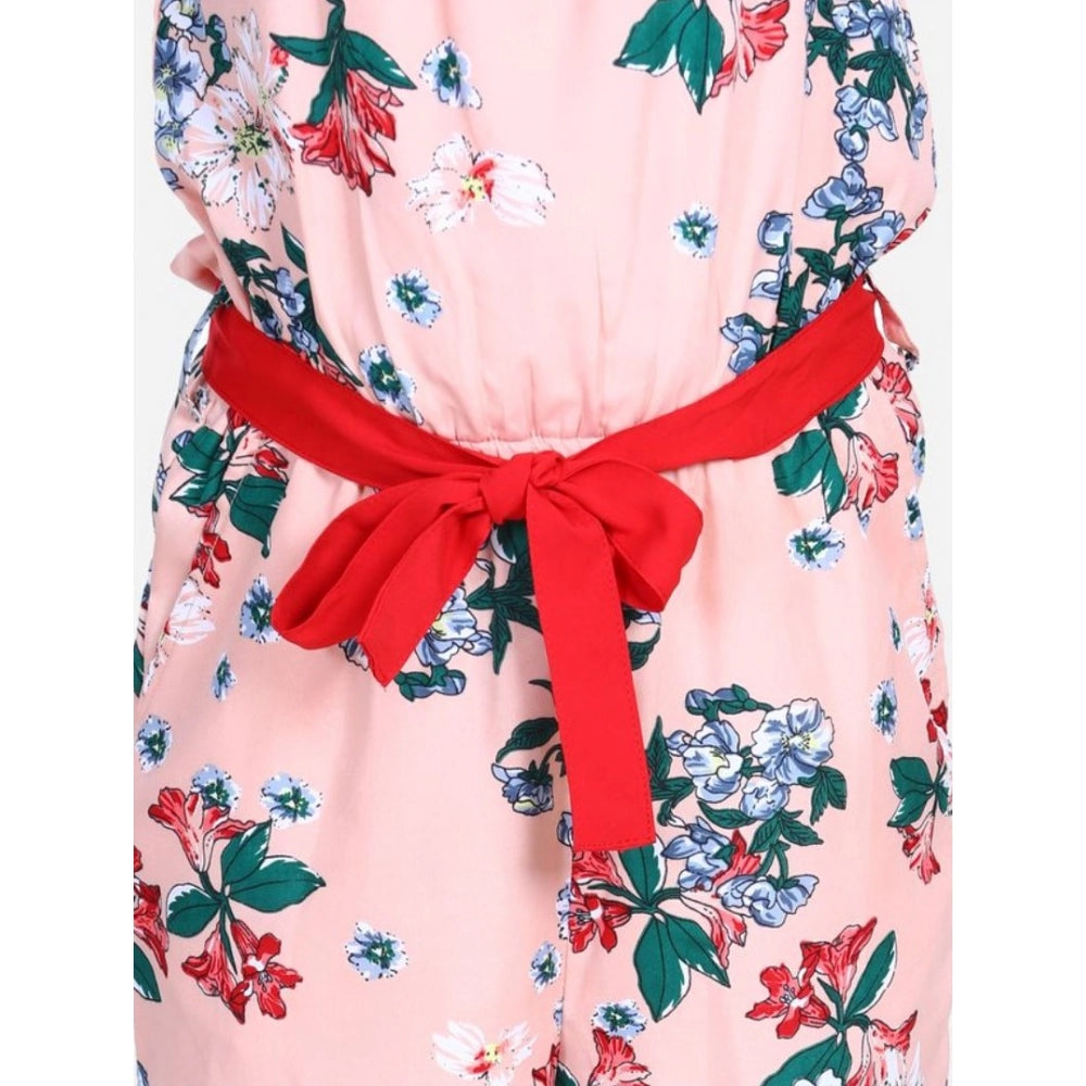 Peach-red polyester crepe floral jumpsuit with shoulder straps - girls' fashion, vibrant floral pattern on display