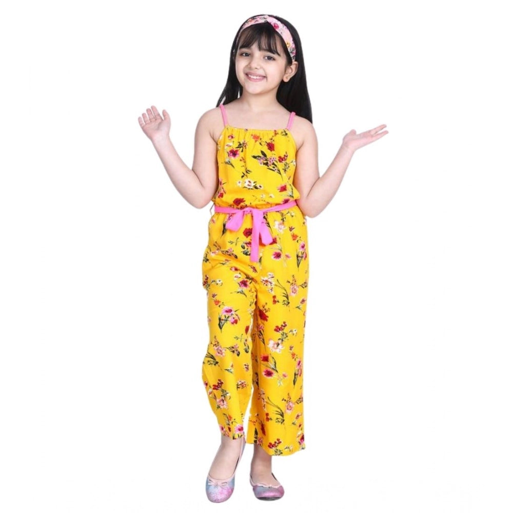 Yellow-Pink polyester crepe floral shoulder straps jumpsuit for girls, vibrant floral pattern and square neck design